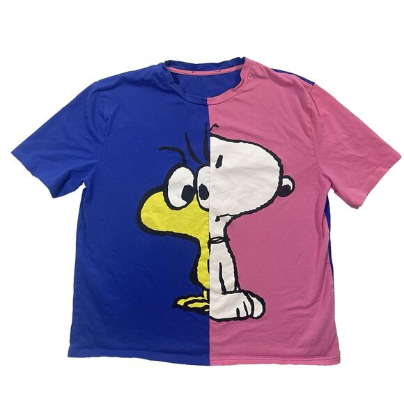 Peanuts Tops - Peanuts Snoopy & Woodstock Split Color Block Graphic Tee Pink Blue Sz Large